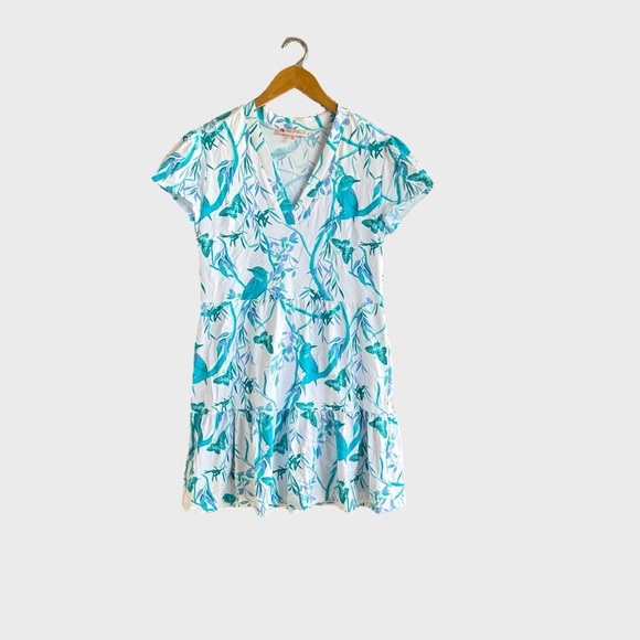 Jude Connally Ginger Dress Womens Sz M Blue White Ruffled Summer Casual Novelty - Picture 2 of 10